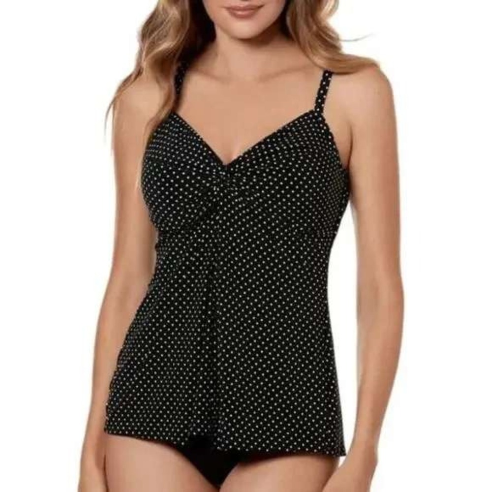 Miraclesuit Roswell Polka Dot Tankini Swim Top Black White Underwire Size 10
